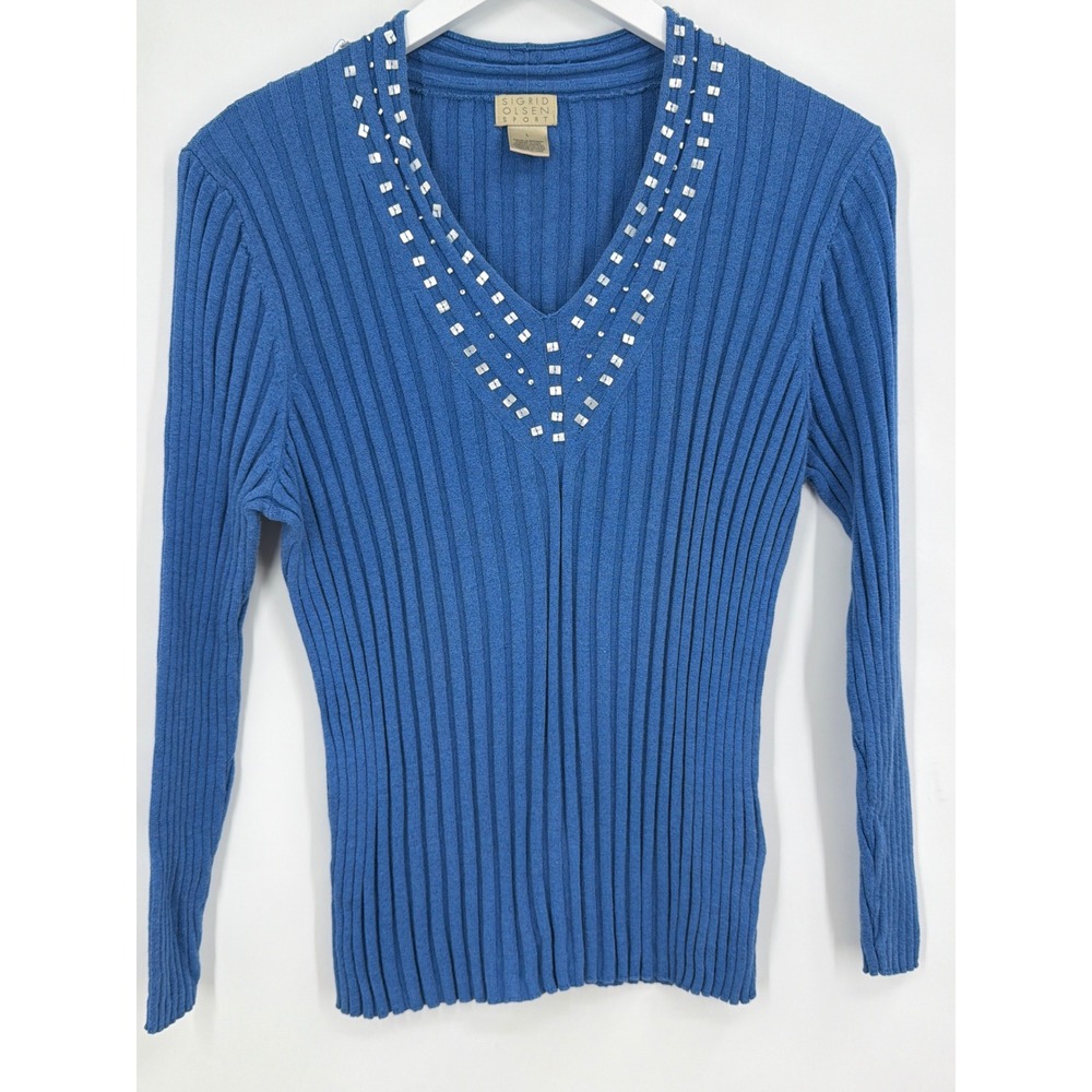Vtg Sigrid‎ Olsen Sport Blue Ribbed V-Neck Beaded Sweater Lg Cotton Rayon Blend